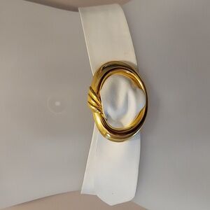 Vintage 90s White Genuine Leather Belt w/ Chunky Gold Statement Buckle Sz Small